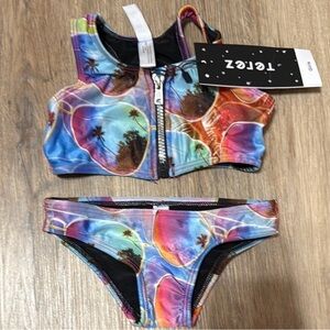 Terez Girls Tropical Sunglasses Print Bikini Size 2 NWT Zip Front Swim Blue
